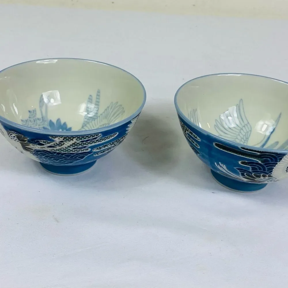 2 Mino Wear Japanese Ceramic Rice Bowls (2 ) Flying Blue Crane